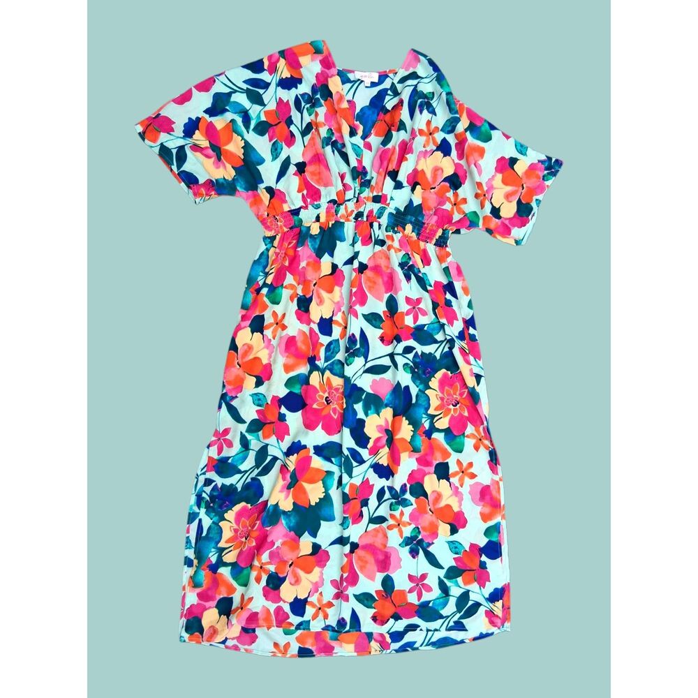 Jess Lea 3X Vibrant Tropical Floral Smocked Dress - V-Neck Kimono Sleeve Boho